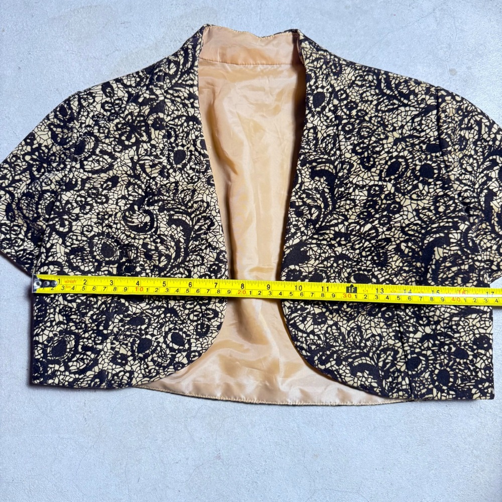 Vintage Gold Black Lace Print Cropped Shrug Bolero Jacket - Picture 3 of 6